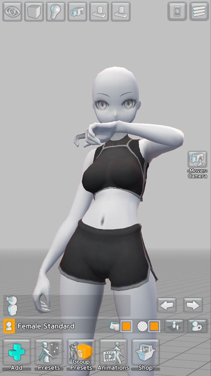 a 3d model of a female character in a video game editor. she is wearing a black and white crop top and shorts. the character is posed with her arms crossed in front of her. the image also shows the editor interface, which has buttons for adding, removing, and modifying the character.