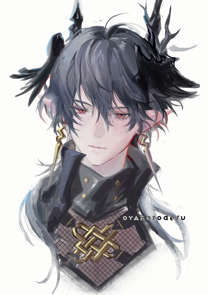 this is an anime style illustration of a male character. he has black hair, red eyes, and is wearing a necklace with golden wings. he has horns on his head and crows on his shoulders. his eyes are red and he looks serious and determined.