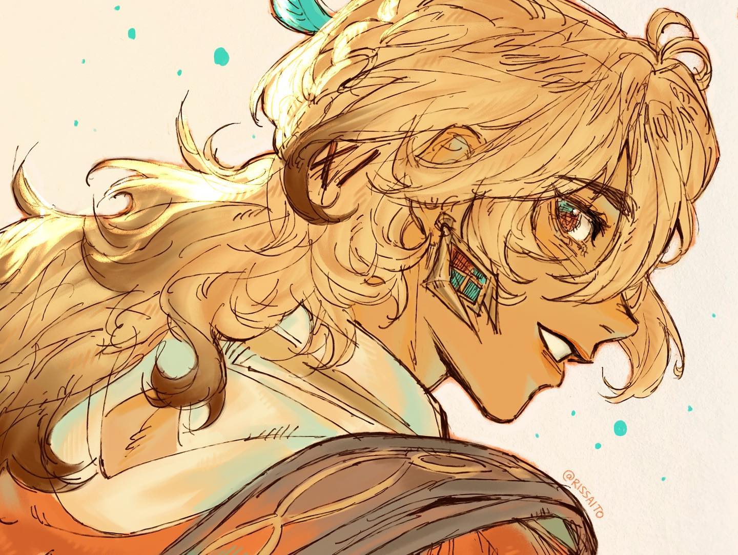 the image is a digital fan art drawing, likely of an anime or fantasy character. the art style is loose and expressive, with visible brushstrokes. the character is a young man with long, blonde hair styled in a somewhat messy yet deliberate way. he has a tribalstyle earring in his left ear and his skin tone is warm and slightly tanned. the artwork shows the character from the shoulders up, in a threequarter profile view, looking off to the right. his expression is a pleasant, confident smile. the background is a pale offwhite or beige color with scattered, small, teal splotches adding a light, airy feel. the artist's signature "@rissaito" is visible in the lower right corner.  the overall mood of the piece is warm, positive, and slightly mystical.