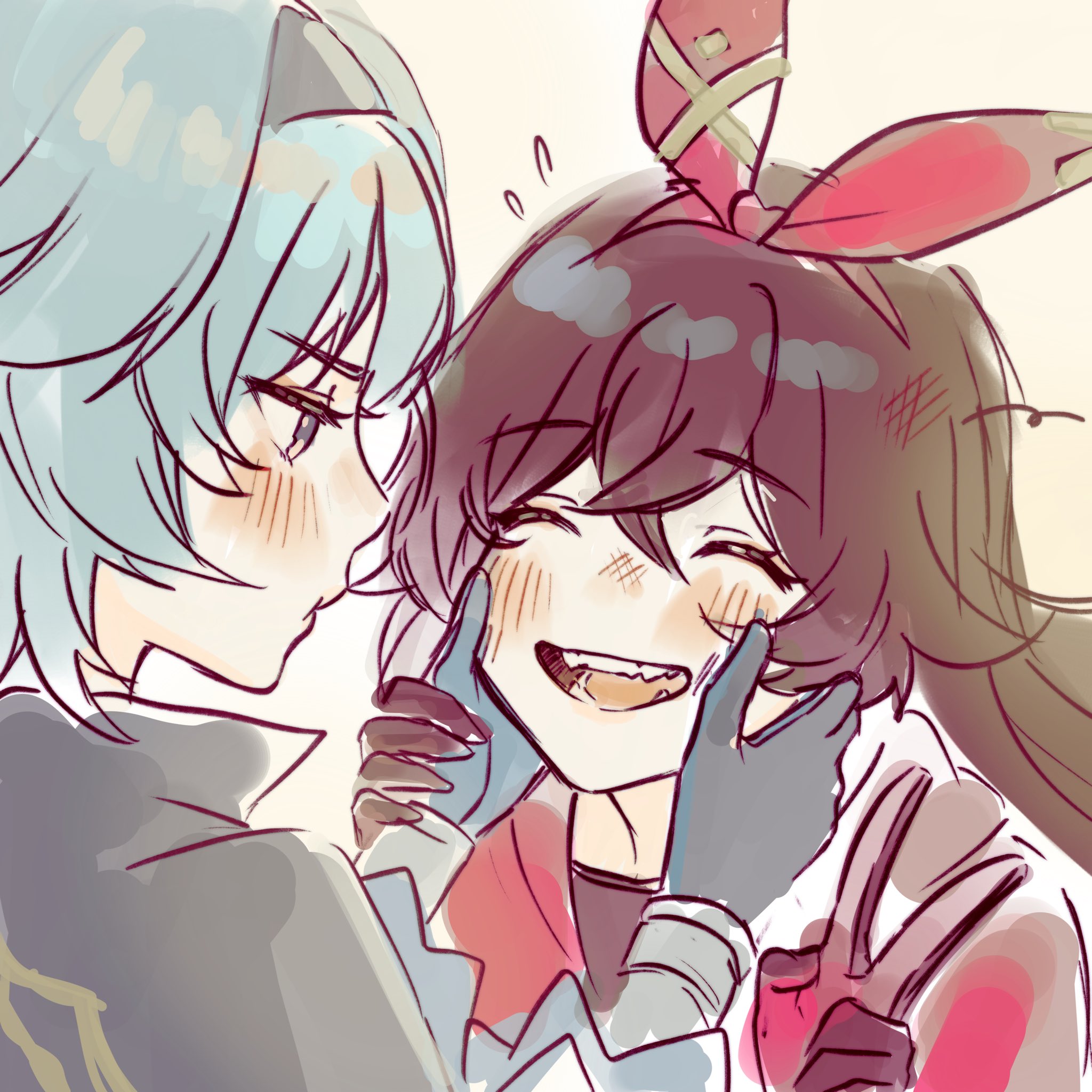 this is a digital illustration of two anime girls, one with blue hair and the other with brown hair, both smiling and blushing. the girl with blue hair is holding the other girl's cheeks with her hands, and the girl with brown hair is looking at the girl with blue hair with a happy expression. the illustration is done in a soft, pastel style and has a warm and fuzzy atmosphere.
