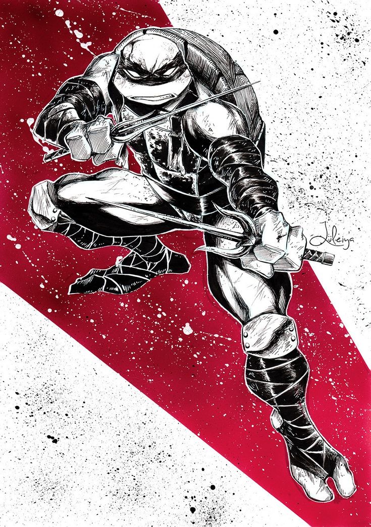 a black and white illustration of a teenage mutant ninja turtle holding a sai in front of a red splatter background. the turtle is in a fighting pose with his legs spread out and his left hand on his sai. he is wearing a mask and bandana. the illustration is done in ink and is very detailed.