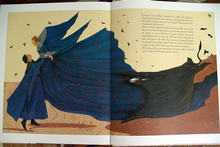 this image is an illustration spread across two pages of an open book, likely a children's book or a collection of fairy tales. the illustration depicts a scene from the french fairy tale "peau d'ane" (donkey skin). on the left page, a woman wearing a long blue dress and cloak, dotted with small red figures resembling birds or leaves, is depicted. a smaller figure, possibly a servant or maid, assists with her dress. the woman has fair skin and red hair. the right page shows the dark, bulky form of a donkey's skin, also covered with the red figures, seemingly being shed or discarded. the dark form contrasts with the lighter background and the bright colors of the woman's attire on the left. the background is a neutral color, and small red and black birdlike shapes are scattered throughout the scene, adding to the fantastical element. the text is visible in french, indicating the language of the book. the overall mood is magical and transformative, reflecting the core themes of the fairy tale.