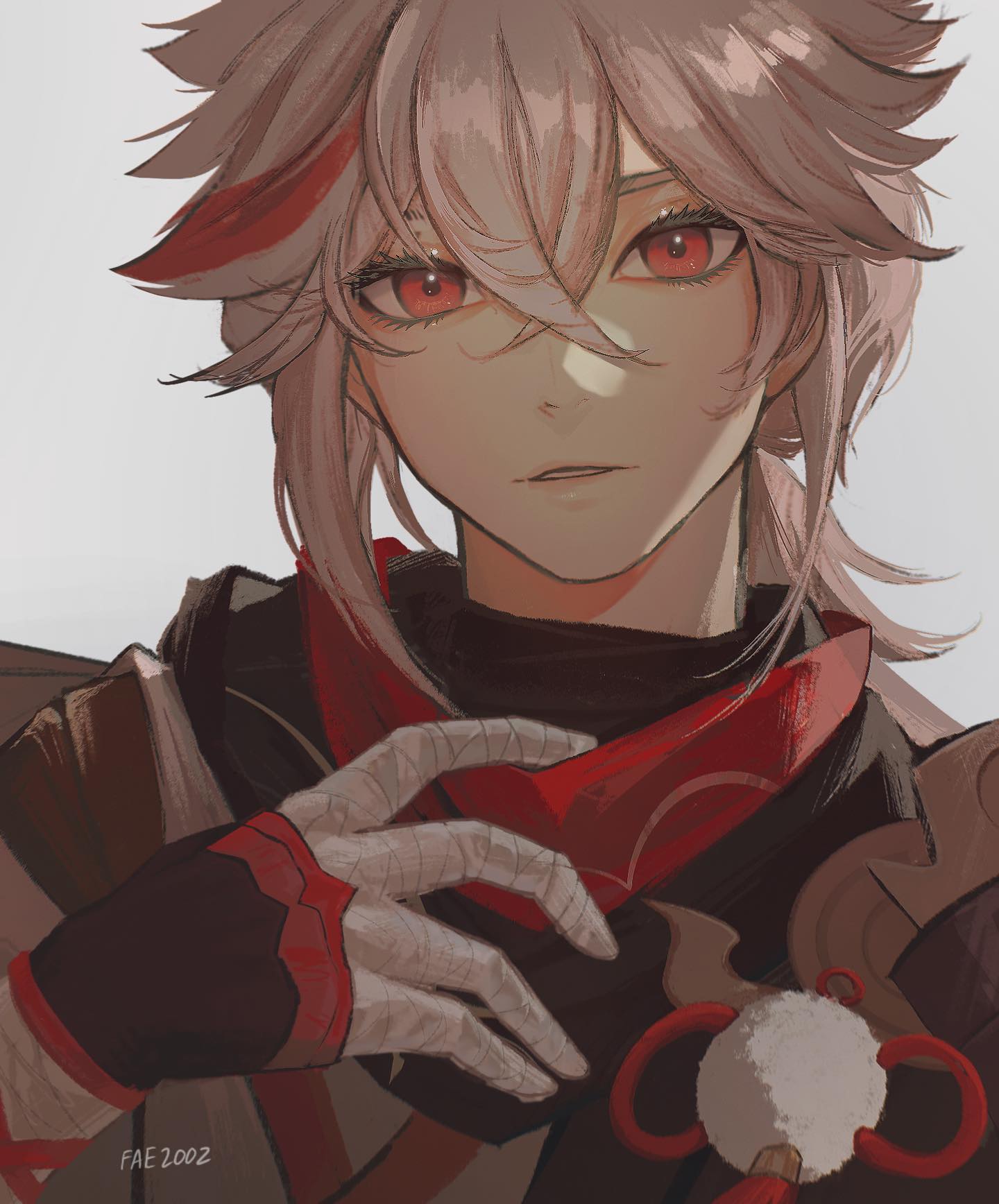 the image is a detailed digital fanart of scaramouche from genshin impact.  he is depicted in a closeup portrait, showcasing his striking red eyes and flowing white hair. his attire is primarily red and black, with design elements suggestive of traditional japanese clothing.  his expression is serious and intense, and one hand is prominently displayed, showing bandaging on his fingers, adding to a sense of mystery or injury. the art style is reminiscent of anime and manga, with soft shading and attention to detail in the character's features and clothing. the overall tone is dark yet captivating.