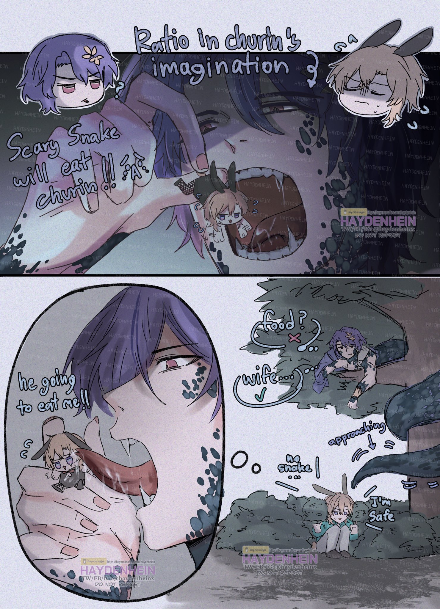 the image depicts a cartoon panel series of an anime style character's inner thoughts. the main character, depicted as a snake with sharp teeth, imagines the people around him as food. the character imagines himself as a scary snake that will eat the others.  he sees the others as potential food or his wife.  the character is shown as a snake with a human face.