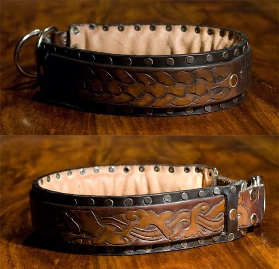 two images show a handcrafted leather dog collar. the collar has an embossed pattern, metal studs, and a tan lining. it also features a buckle and a ring for leash attachment.