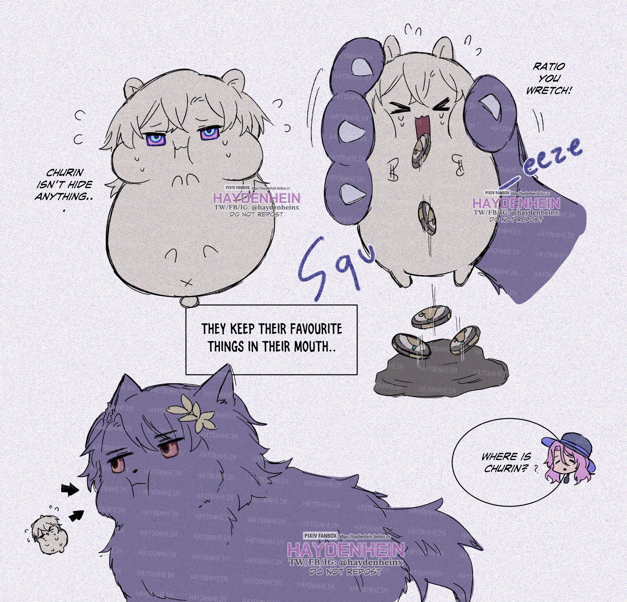 the image is from a manga comic book. the image shows a boy with a hamsterlike creature, which is a common trope in anime/manga. the boy is holding his animal in his arms.  the boy is talking about a girl named "churin" who appears to be missing or hiding. in the background, another character is holding a pile of gold coins.