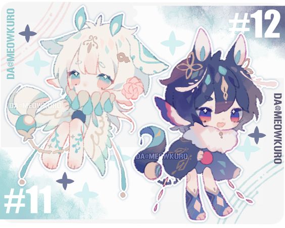 two chibi animestyle characters are displayed against a light blue background with white sparkles and swirls. the character on the left has white hair with blue details, pale skin, and a floral outfit. the character on the right has dark blue hair, fair skin, and a blue and white outfit. both characters have animal ears. the characters are numbered 11 and 12.  the name "meowkuro" appears multiple times in the image.