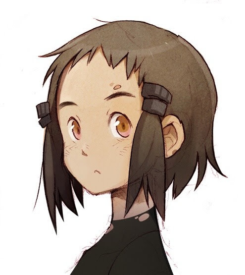 a digital illustration of a young girl with short brown hair, brown eyes and freckles. she's wearing a black turtleneck top. her gaze is directed to the left of the viewer, creating a sense of contemplation or anticipation. the overall style leans towards anime or manga aesthetics, with soft lines and warm, earthy tones.