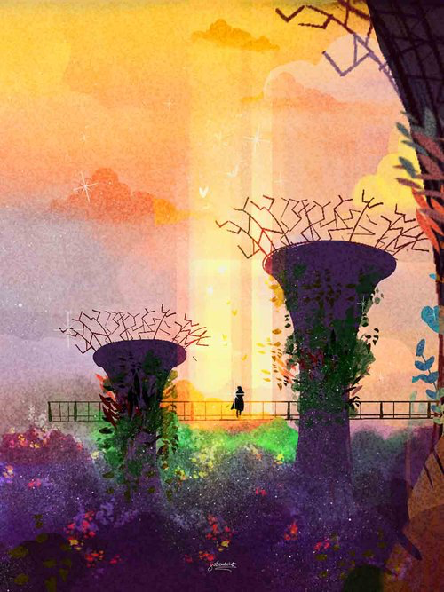 this digital painting depicts a magical and whimsical scene with a bridge leading to a distant, lightfilled horizon. the foreground is filled with colorful trees and foliage, while the background features a glowing sunset and two large, abstract trees. the vibrant colors and atmospheric details create a sense of wonder and enchantment, hinting at a fantastical world beyond the reach of ordinary perception. the lone figure on the bridge adds a touch of mystery and solitude, making the overall mood both inviting and introspective.