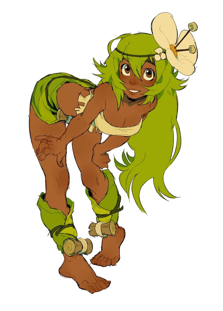 this is a cartoon drawing of a girl with long green hair and brown skin. she has a flower headband on her head and is wearing a leafy skirt. she is barefoot and is standing with her back to the viewer. she has a cute expression on her face. the background is white.