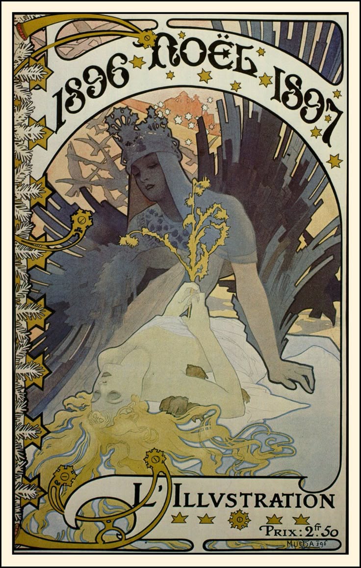 this is an art nouveau poster designed by alphonse mucha, advertising the noël (christmas) issue of the french magazine l'illustration from 18961897. the image features two women. one, with a crown and a blue robe, looks down protectively at the other, who is lying down with her head tilted back and golden hair flowing. a sprig of leaves is held between them. the background consists of stylized buildings and stars, with a banner at the top reading "1896 noël 1897". the title "l'illustration" is featured at the bottom, along with pricing details. the overall color palette is soft and muted.