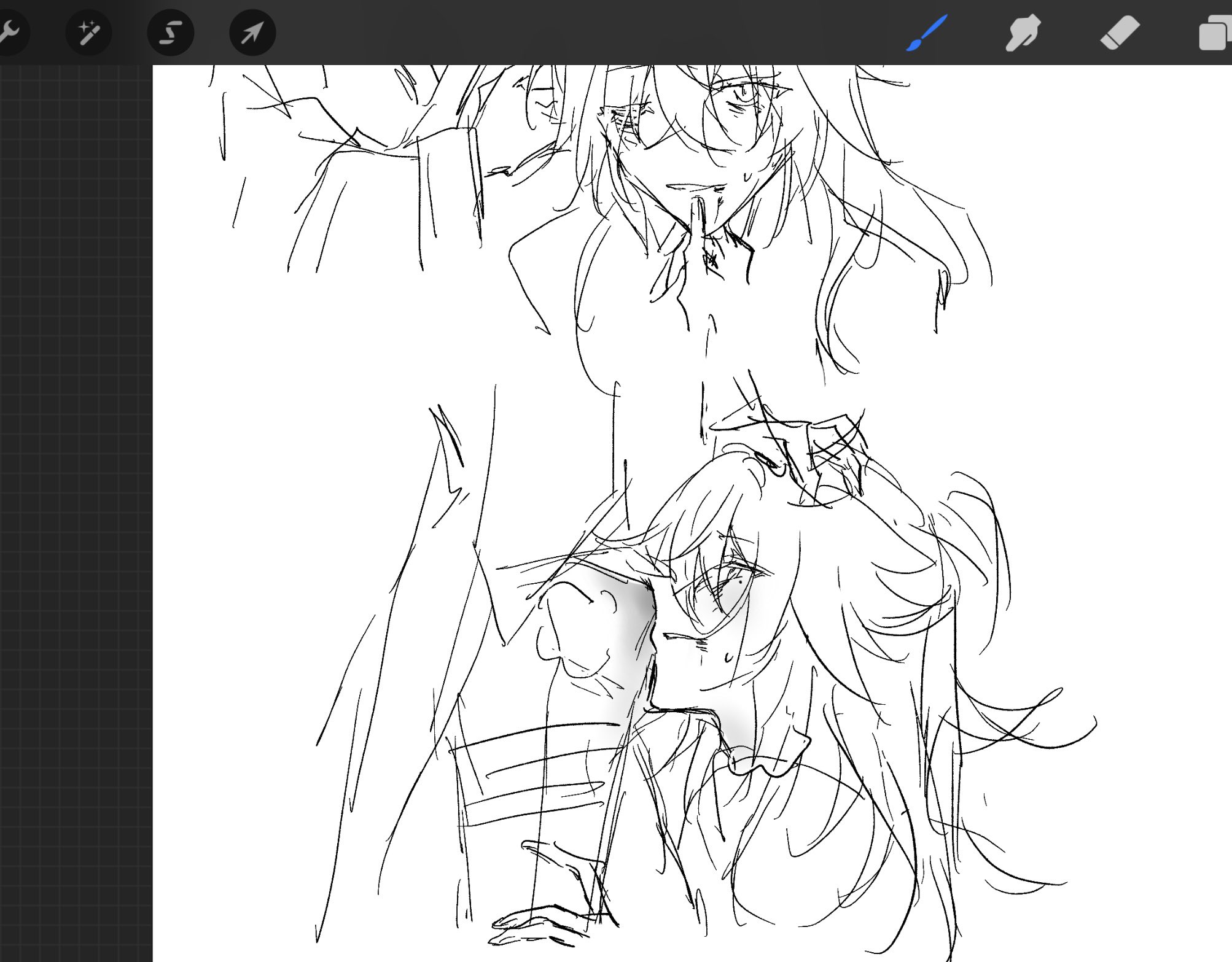 this is a black and white line drawing of two anime characters. the top character is a boy with long hair. he is looking down at the second character who is a girl. they are both shown with sad expressions. the girl is shown with her hand resting on her cheek. the boy is holding the girl's head in his hand and it appears as if he's comforting her.  the drawing is done in a very sketchy style.