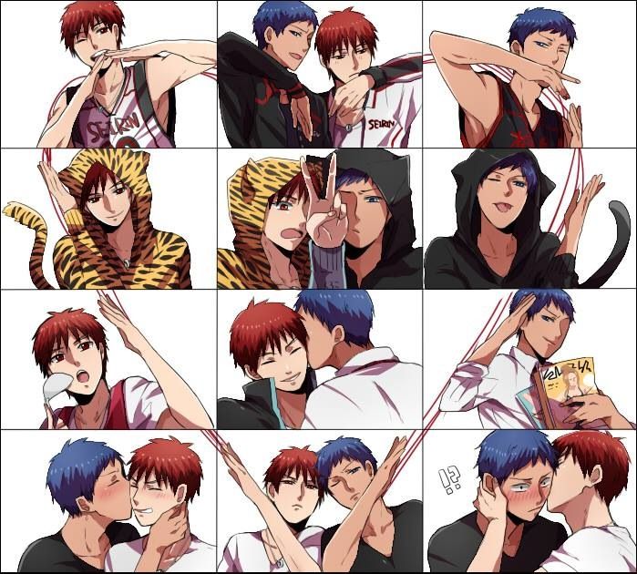 the image is a collage of nine separate panels, each depicting various playful and affectionate interactions between kise ryota and akashi seijuro from the anime and manga series kuroko no basuke (kuroko's basketball).  the style is chibilike, meaning the characters are depicted in a cute, simplified, and exaggerated manner. the panels show the pair in various poses, some wearing animalthemed hoodies, others in their basketball uniforms, and others in more casual outfits.  the overall tone is lighthearted and focuses on the romantic subtext between the two characters (often seen as a popular pairing within the fandom).  the art style is consistent throughout, maintaining the same level of detail and color scheme.
