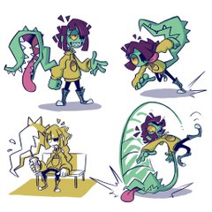 the image shows two characters. the top row features a girl with purple hair and a green lizard tail. she's wearing a yellow hoodie, black pants, and grey shoes. she's shown in three different poses, showcasing her tail and playful nature. in the first pose, she stands with her tail sticking out and mouth open. in the second, she's running with her tail raised. in the third, her tail whips around as if she's about to kick something. the bottom row shows another girl, this time with blond hair and a yellow lightning bolt coming out of her hand. she's also wearing a yellow hoodie and is seated on a park bench, seemingly using her phone.