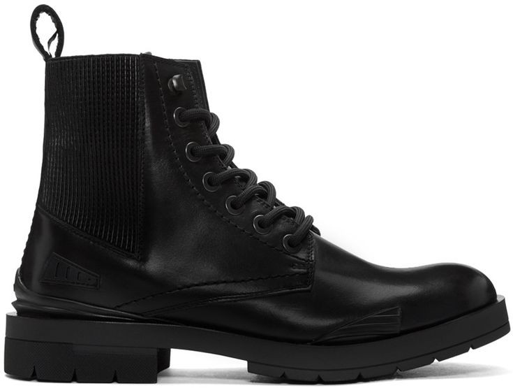 a pair of black leather combat boots with laceup closures and a chunky sole. the boots have a slightly pointed toe and a high ankle. they are a stylish and comfortable option for casual wear.