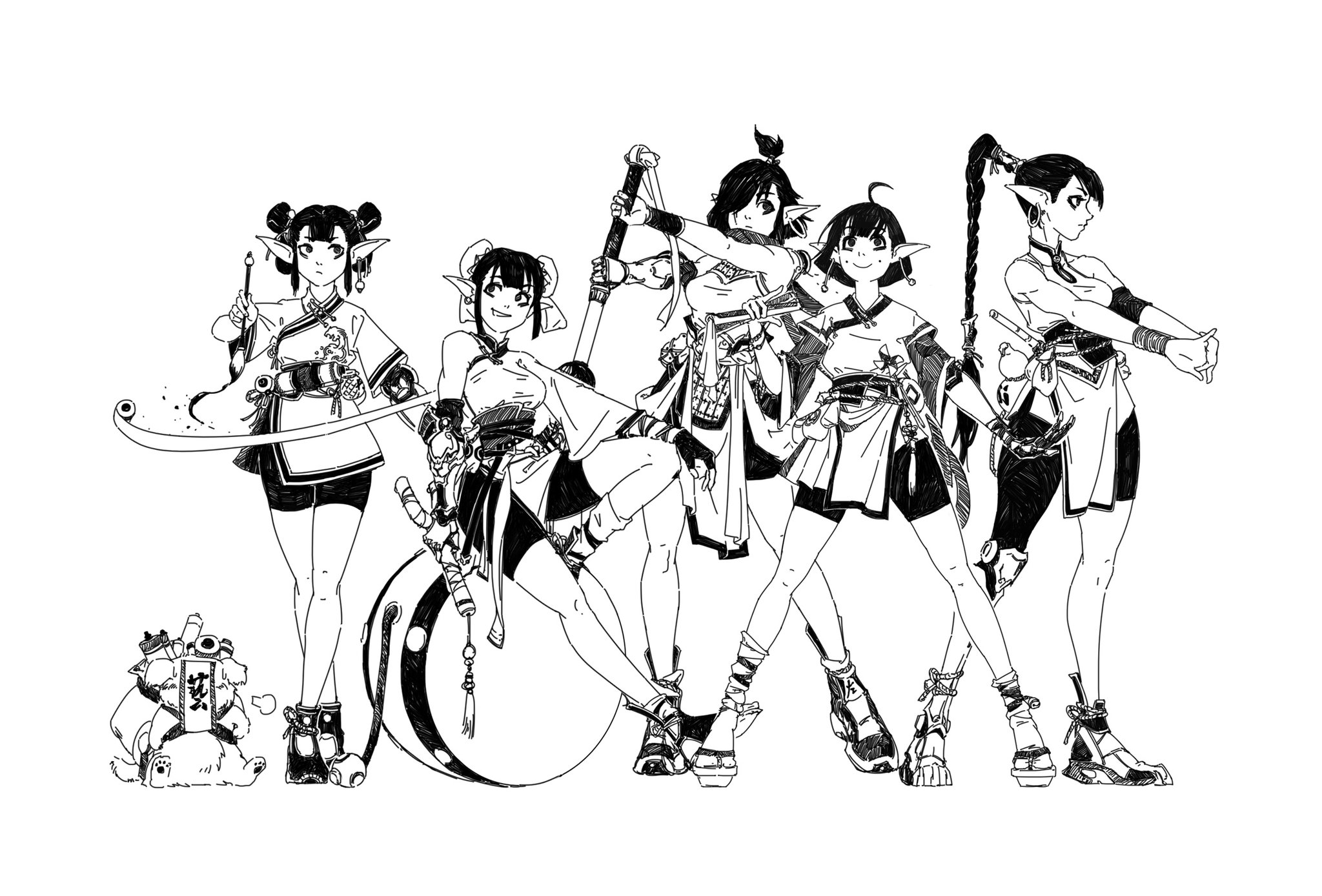 he image is a dynamic ink drawing of a group of five stylized female elflike characters. they are dressed in clothing that blends traditional japanese kimono elements with fantasy warrior attire. each character has unique features, weapons, and poses, suggesting a team or group of warriors. the art style is expressive and energetic, with bold lines and dynamic movement. the overall aesthetic is a blend of anime/manga influences with traditional ink illustration techniques. a small, seemingly animalistic creature is present at the bottom left.  the background is plain white.
