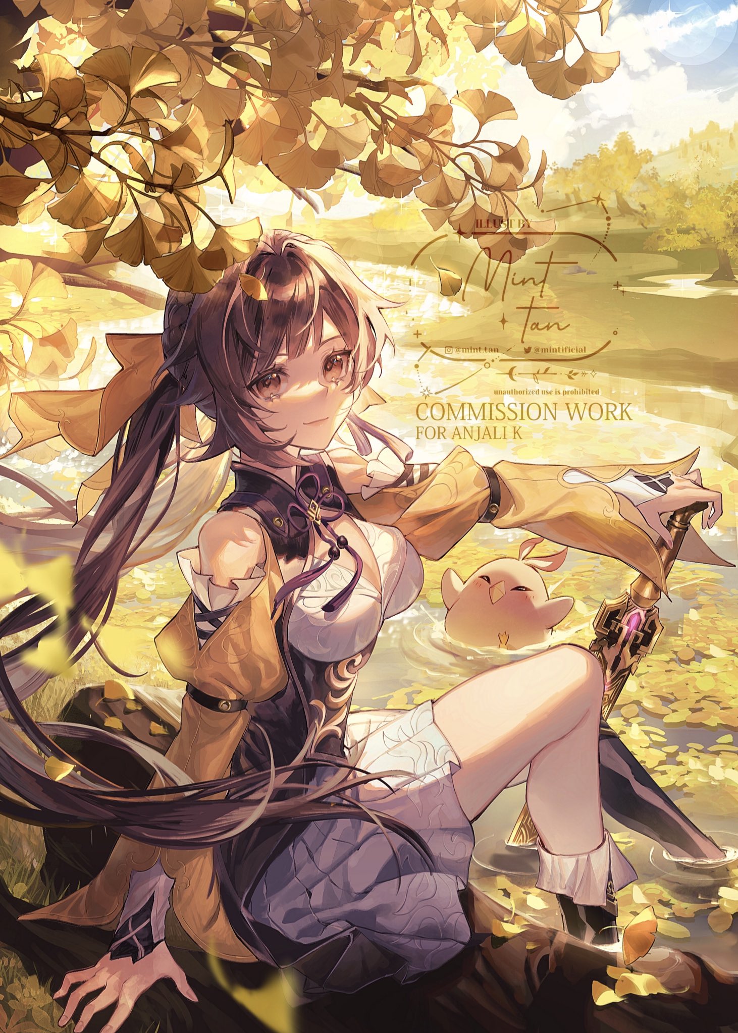 the image is a digital artwork depicting an anime girl with long, dark purple hair, dressed in a beautiful white and yellow dress, sitting by a river in an autumn forest. she has long, dark purple hair tied with a yellow ribbon and a white flower in her hair.  her eyes are a beautiful shade of yellow. she is smiling softly, as if lost in her thoughts, and has a small, yellow bird sitting in the water beside her. the forest is beautiful and the trees are full of vibrant yellow leaves. the sun is setting and the sky is a beautiful mix of golden and orange. the overall tone of the artwork is peaceful and serene, and it conveys a sense of wonder and magic.