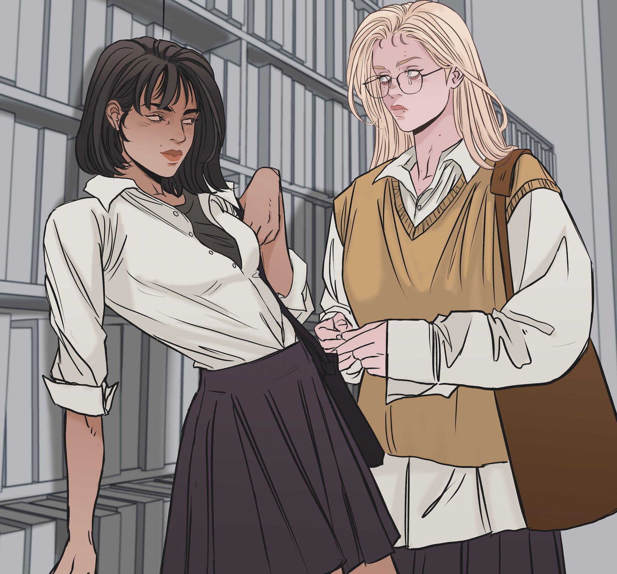 two women are standing in a library. the woman on the left has dark hair and is wearing a school uniform. she is leaning against a bookshelf. the woman on the right has blonde hair and is wearing glasses, a school uniform, a sweater vest, and a shoulder bag. she is standing next to the other woman.