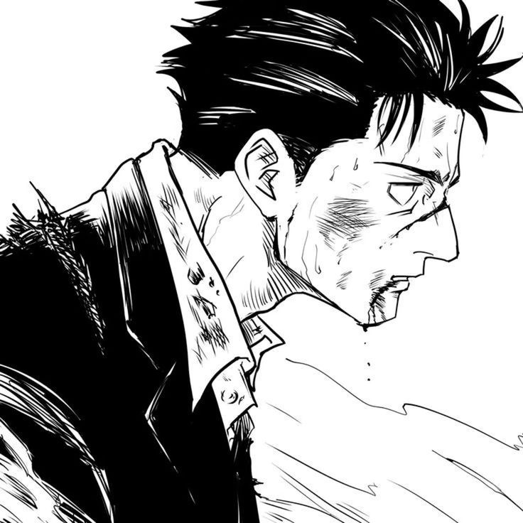the image is a closeup, black and white illustration in the style of manga or anime. it depicts a man's profile, his face partially obscured by shadow and showing signs of wear and tear – sweat, grime, or possibly blood, suggesting a scene of struggle or violence.  his expression is serious and intense, his gaze directed off to the side. the style is gritty and highly detailed, with strong use of line and shading to create texture and depth. the man's clothing is also rendered in detail, showing a dark jacket or coat. the background is mostly negative space, with some light shading to give a sense of movement.