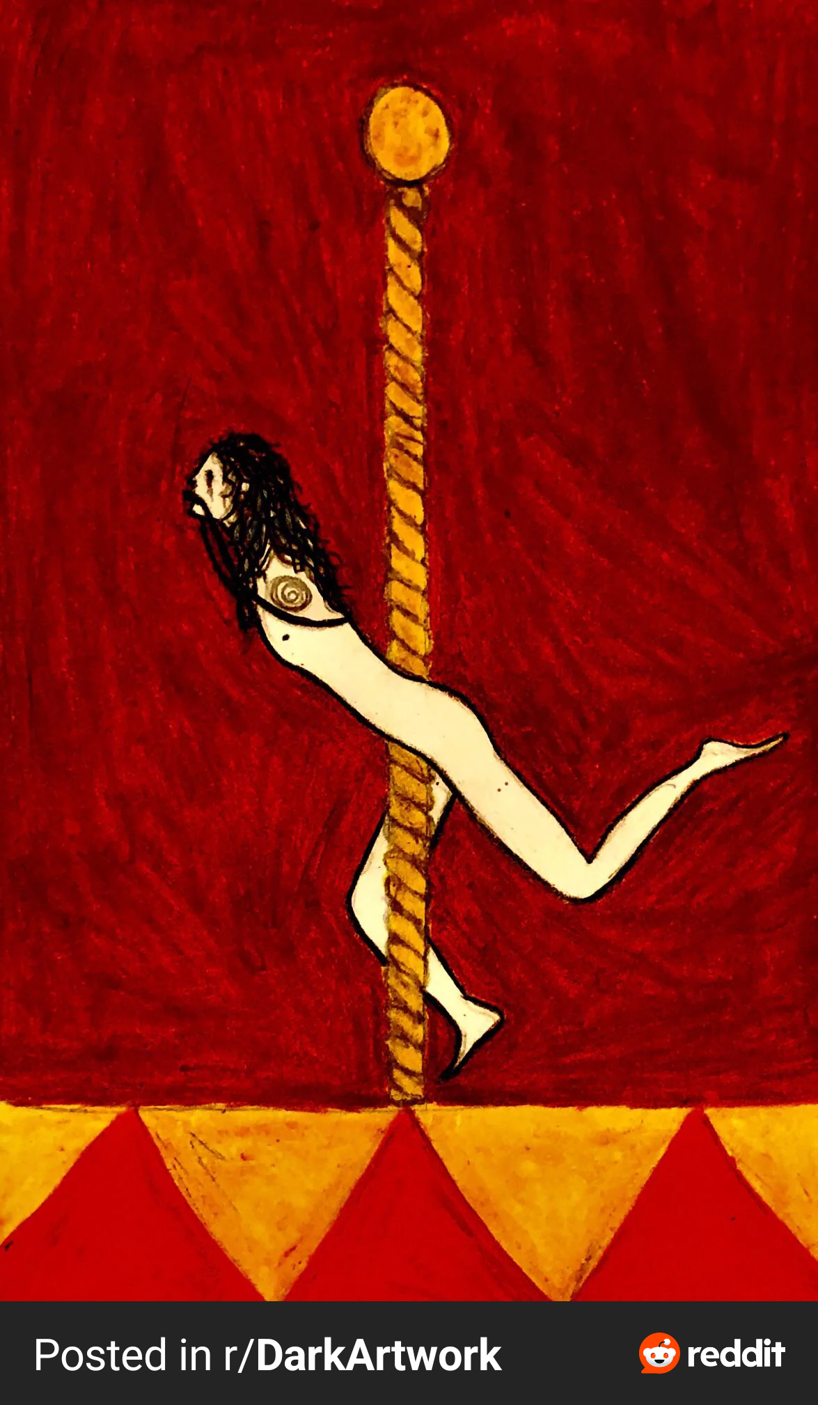 the image is a dark artwork depicting a nude woman's body wrapped around a golden pole.  the style is somewhat expressionistic, with loose brushstrokes and a focus on conveying mood rather than photorealistic detail. the background is a deep red, creating a stark contrast to the woman's pale skin and the gold of the pole. the woman has a spiral tattoo on her upper arm. the base of the pole appears to be a circusstyle platform. the overall mood is unsettling and suggestive, aligning with the dark art style. the piece is heavily textured.