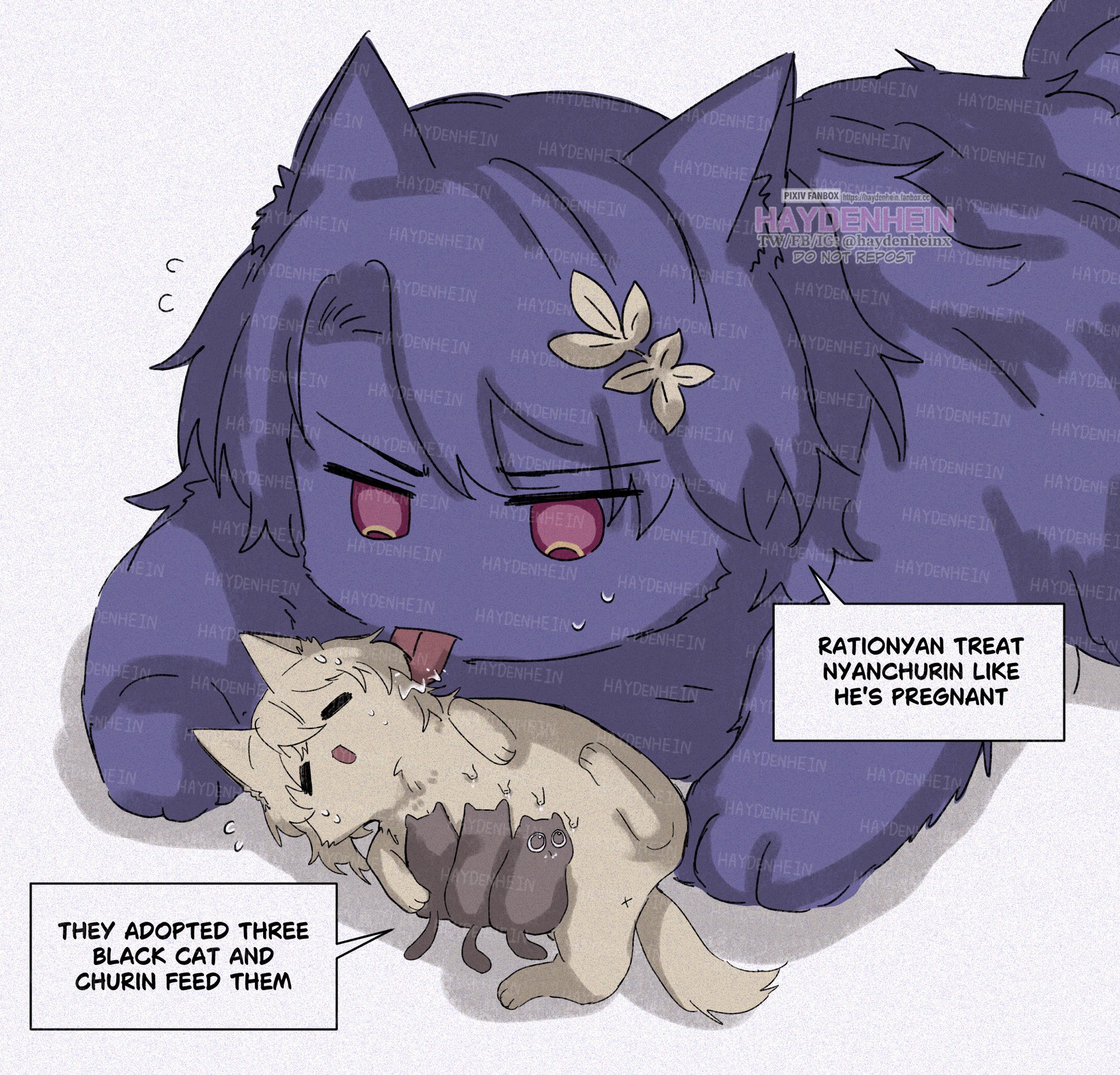 the illustration depicts a cute animestyle character, with a purple furry body, and cat ears,  holding and feeding three black cat kittens. the character is smiling and appears to be enjoying caring for the kittens. the background features a pink flower on the character's head.