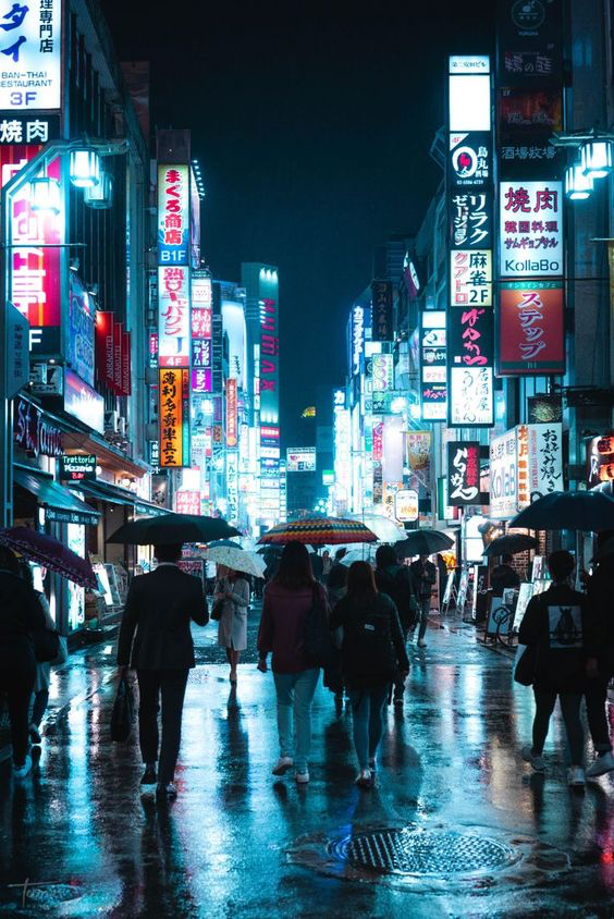 a photo of a busy, neonlit street in tokyo at night. people are walking in both directions with umbrellas to shield themselves from the rain. the street is wet and reflections of the neon signs can be seen on the ground.