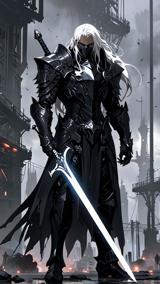 a dark knight, clad in black armor with a silver helmet, stands in the middle of a bleak urban setting. he wields a silver sword and his cloak billows behind him. he has a grim expression and looks powerful and dangerous. the image has a dark and futuristic feel.