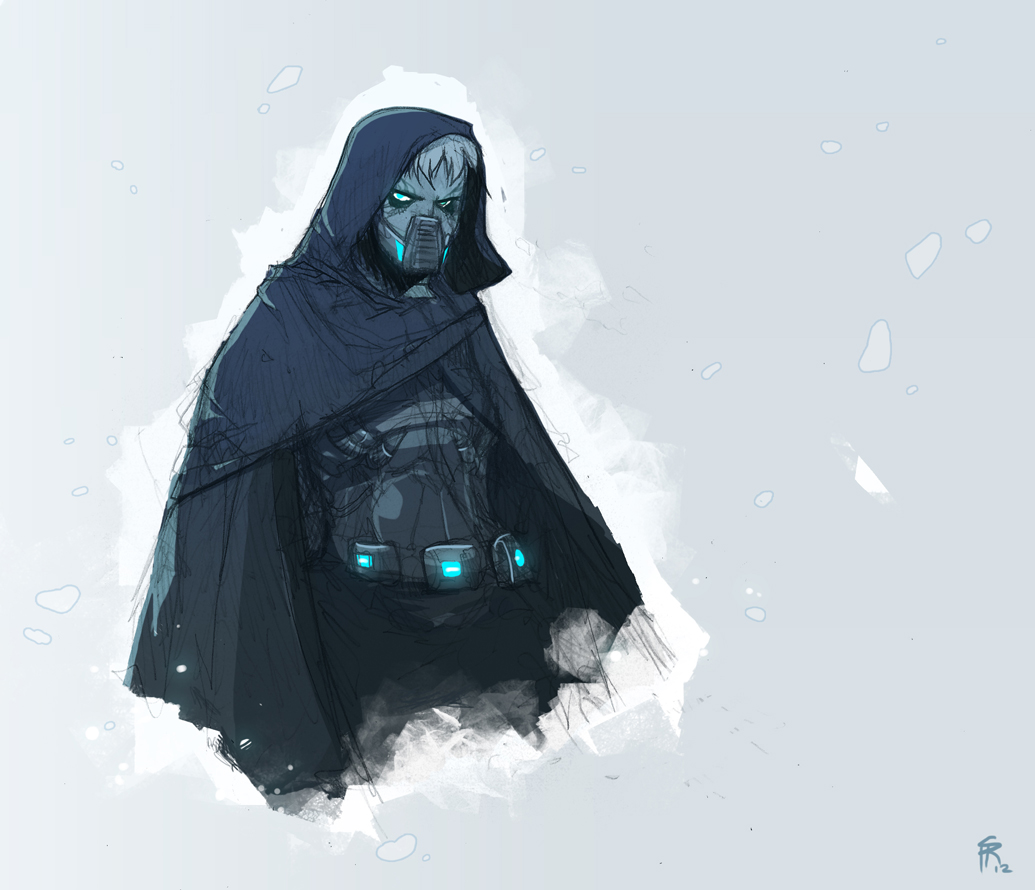 a digital illustration of a man clad in dark, futuristic attire, set against a snowy backdrop.  his face is obscured by a mask with glowing blue accents, and he wears a dark hooded cloak over a fitted suit of armor. the art style is sketchy and evocative, with soft lighting that emphasizes the figure's imposing presence.  the overall palette is cool and muted, dominated by shades of blue, gray, and white, enhancing the cold and somewhat desolate atmosphere.