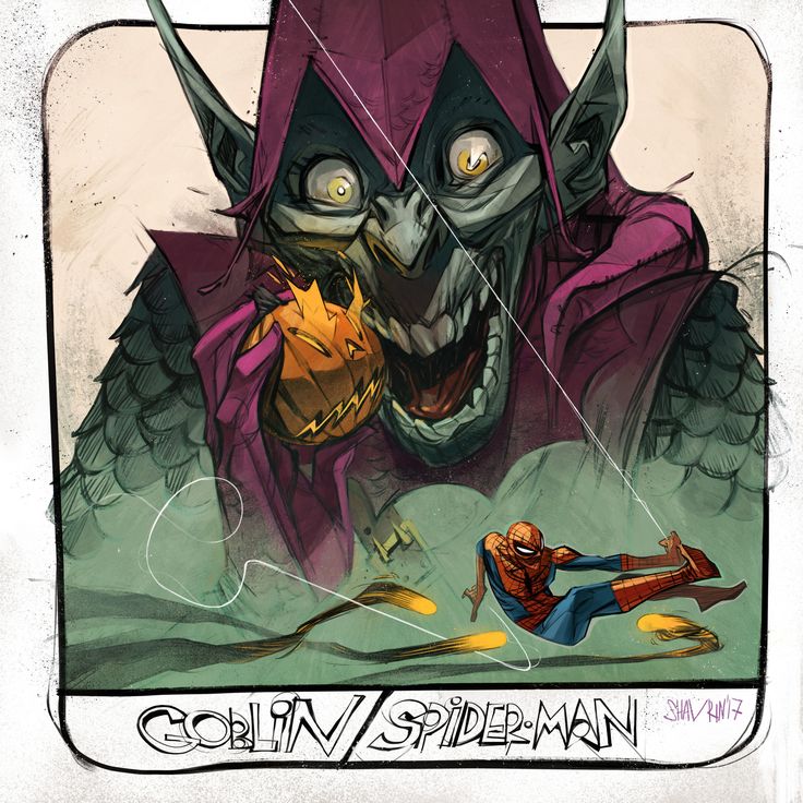 this artwork depicts a fight between the green goblin and spiderman. the green goblin is in the foreground, wearing his signature green and purple costume. he is holding a jackolantern in his hand. spiderman is in the background, swinging on a web and firing a web shooter from his wrist. the artwork is done in a comic book style, with bold lines and bright colors. the background is a hazy green.