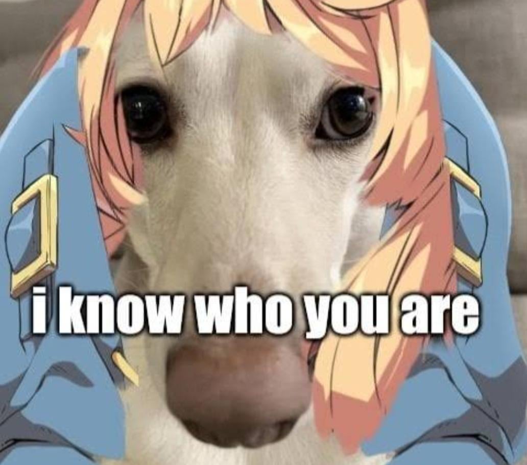 the image is a meme featuring a white dog's face.  superimposed on the dog's face is the head and shoulders of an animestyle girl with long blonde hair and a blue outfit. the text "i know who you are" is overlaid on the image.  the overall effect is humorous and slightly unsettling due to the juxtaposition of the realistic dog and the anime character.