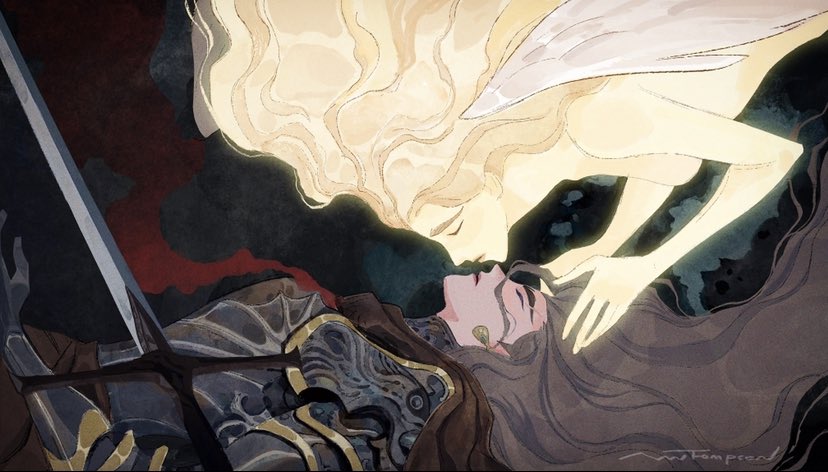 the image is a fantasy illustration of an angel and a knight. the angel is a beautiful woman with long blond hair and a white dress.  she is looking down at the knight, who is lying on the ground with a sword in his hand. the angel's hand is resting on the knight's chest, and her expression is one of deep sorrow. the background is dark and atmospheric. the image is painted in watercolor and digital art styles. it evokes a sense of love and loss.