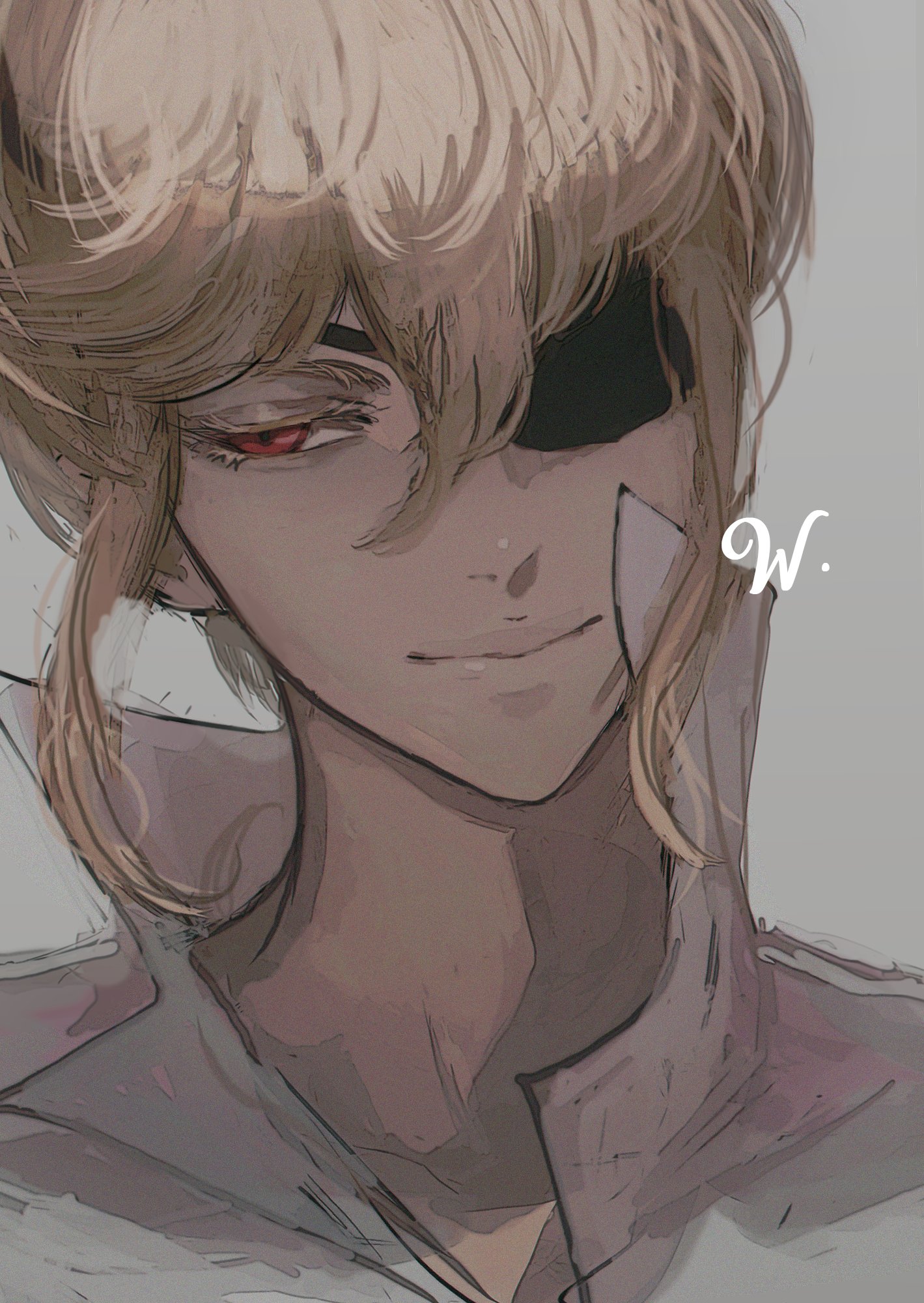 a closeup portrait of an anime character with blonde hair and an eyepatch. he has one red eye visible, a smile on his face, and a casual, fashionable outfit. the image is illustrated in a digital art style, with a signature "w" written on the upper right corner. the character looks mysterious and cool.