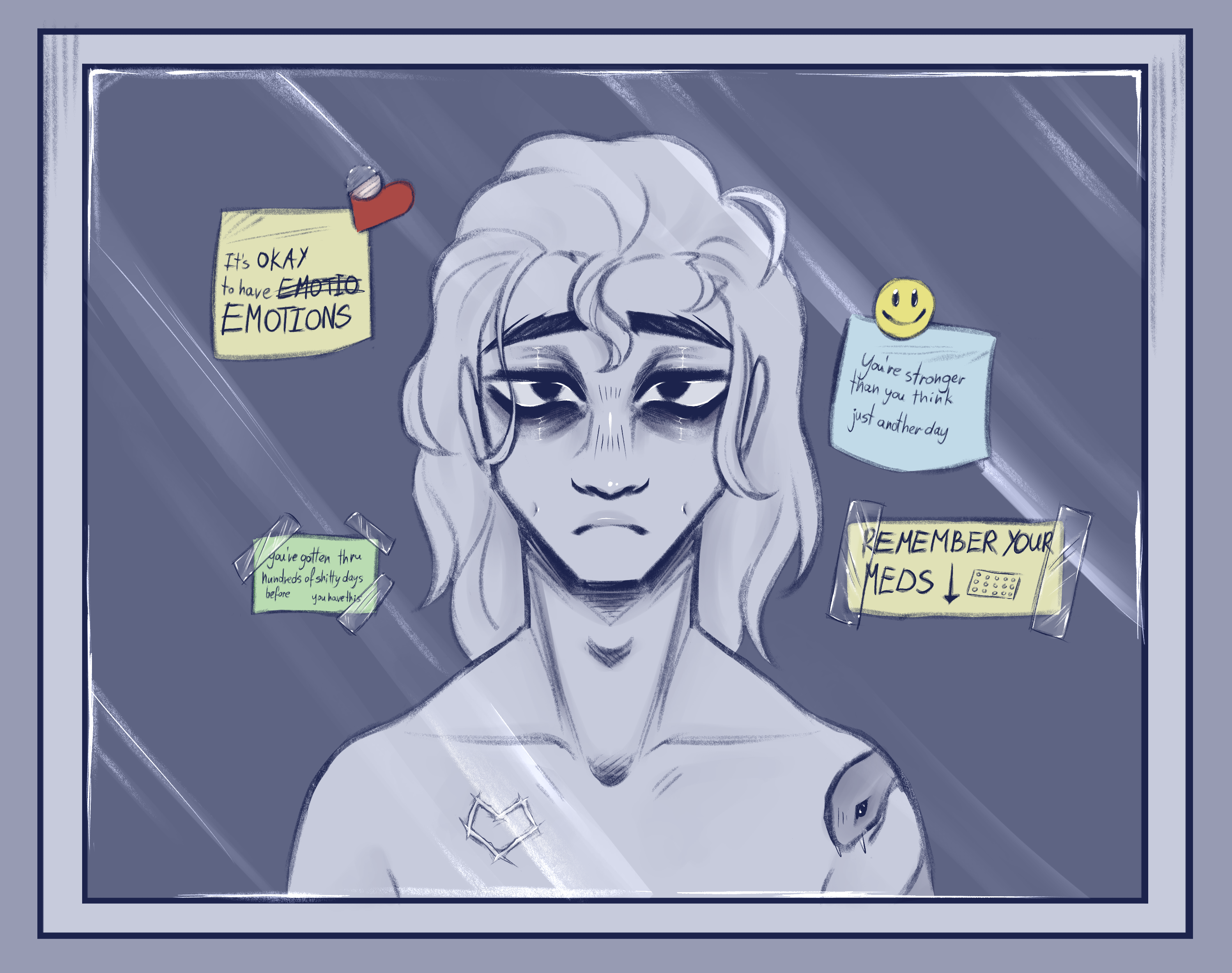 the image is a stylized drawing of a young man looking at his reflection in a mirror. the man has a sad expression. he is shirtless and has a sixpointed star tattooed on his left pec and a snake tattoo on his right. taped to the mirror are several handwritten notes with positive affirmations and reminders. the notes read: "it's okay to have emotio emotions," "you're stronger than you think. just another day," "remember your meds ↓", and "better another day than sixty days sober".