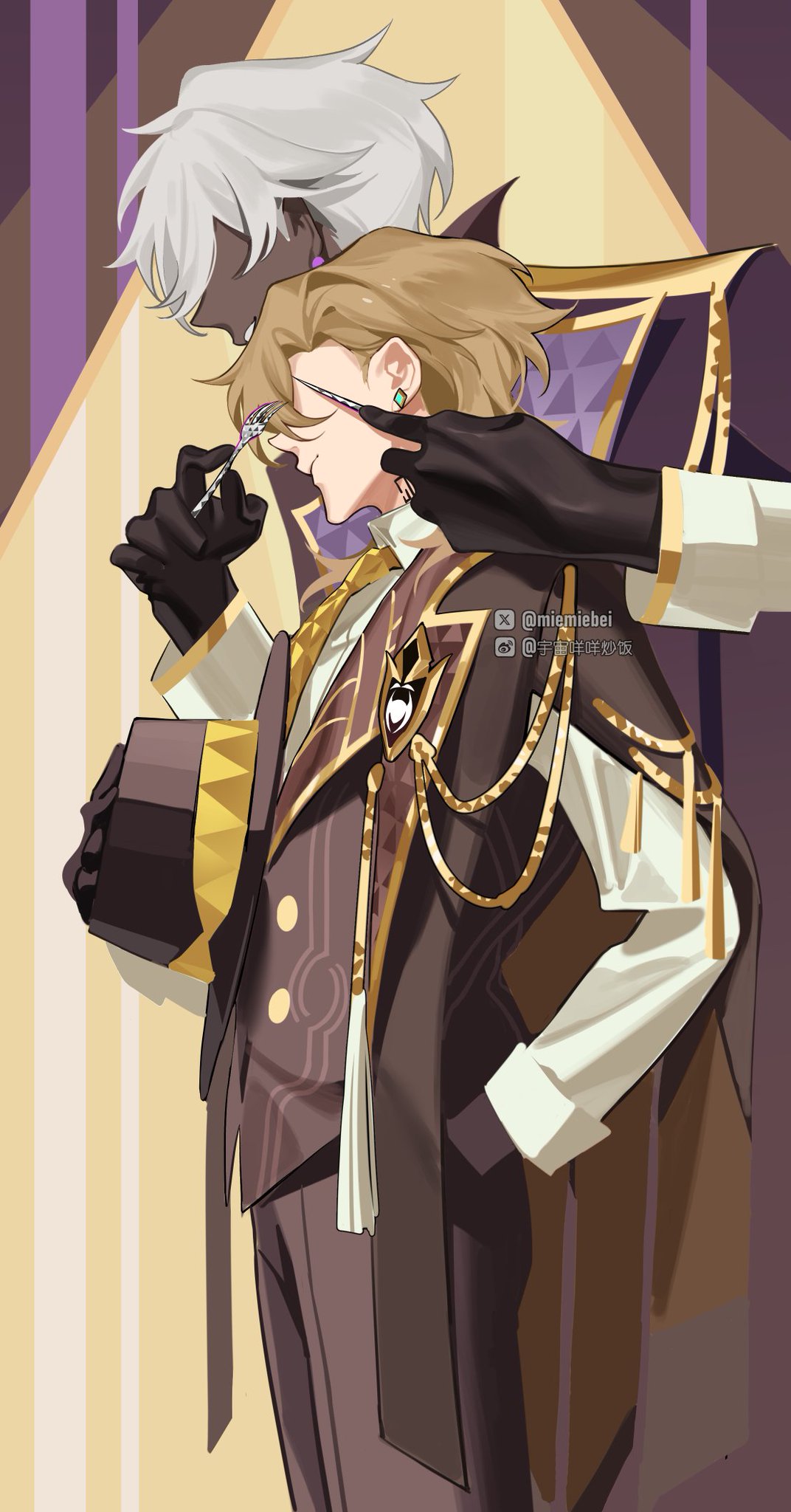 the illustration depicts two anime men, one in a purple and black suit with a white shirt and a black tie, while the other one is wearing a dark jacket, white shirt, gold tie and is also wearing gloves. they are standing in a pose with the man in the suit looking at the other, and the other man's hand is on the man in suit's shoulder. the background is a blurry pattern of yellow, purple and white stripes. the art style is cartoonish and playful, with a focus on color and detail.