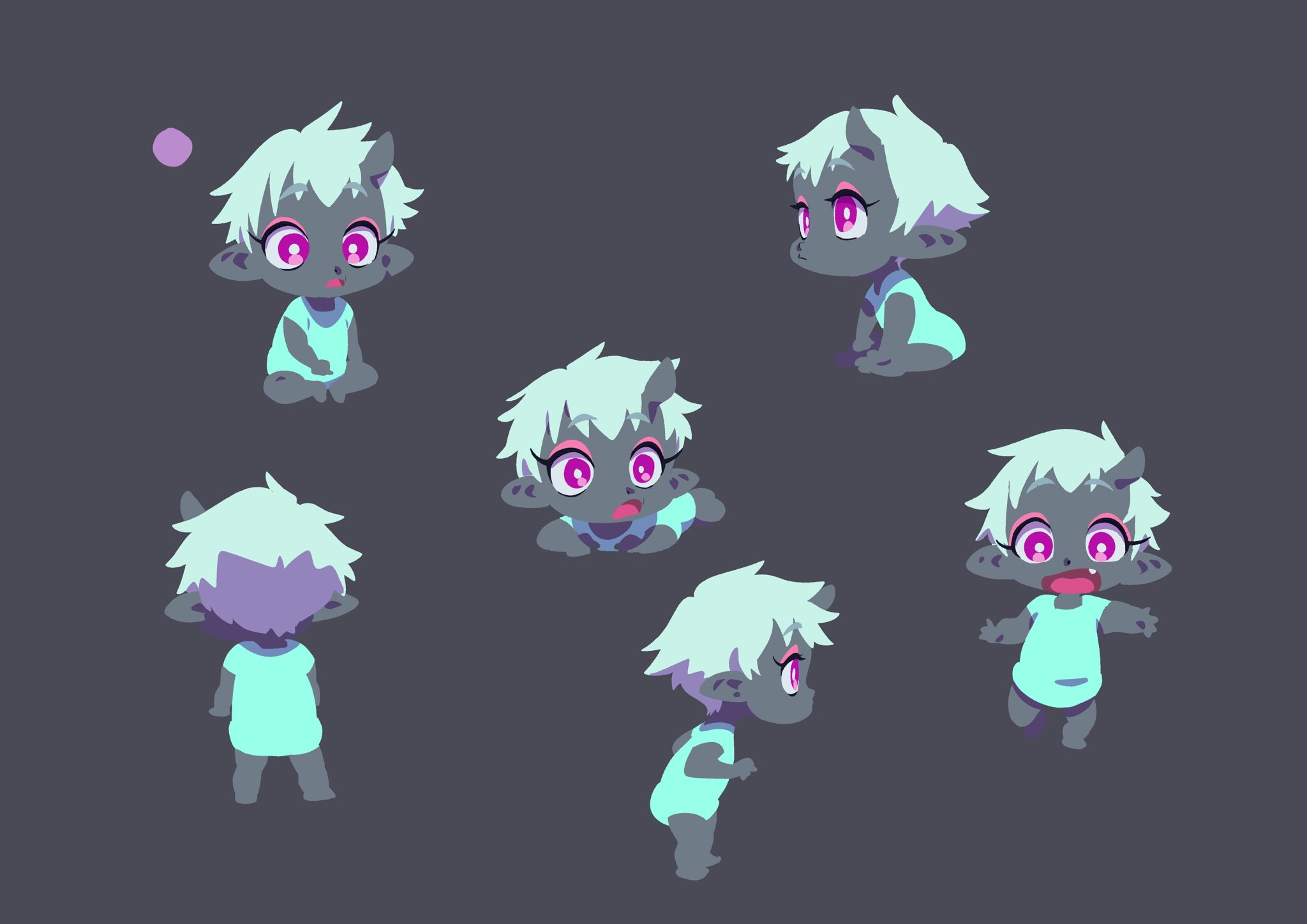 this image shows a character sheet or animation reference for a baby demon character. the character has grey skin, white hair, small horns, and purple eyes. it is wearing a light blue/green onesie. there are six different poses of the character shown from different angles. the background is a solid dark grey. the overall style is cute and cartoonish.