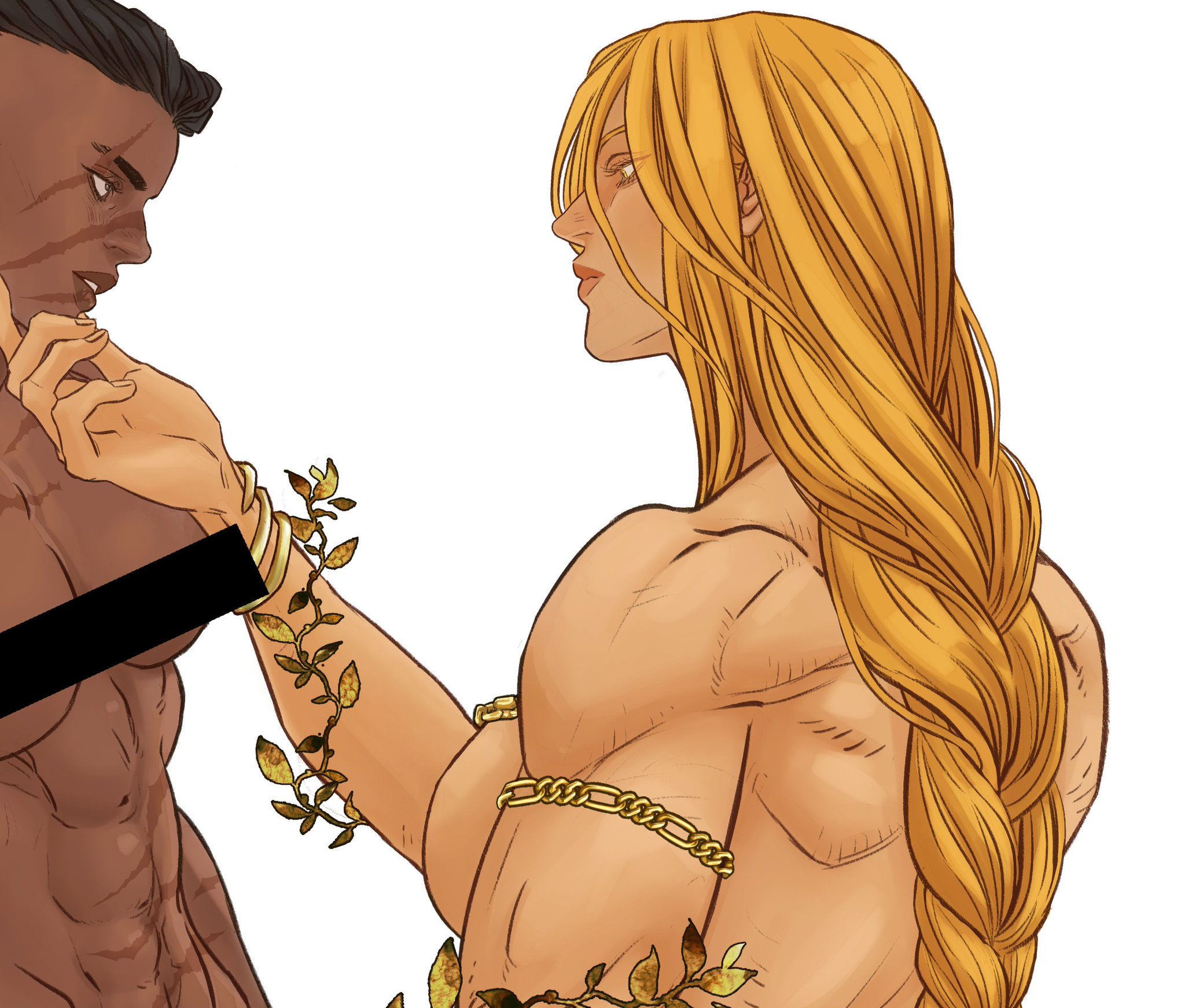 the image shows two nude men, one darkskinned with scars and short hair, and the other lightskinned with long blond braided hair. the blond man has gold jewelry and vines wrapped around his arm. the image is a cartoon style drawing.