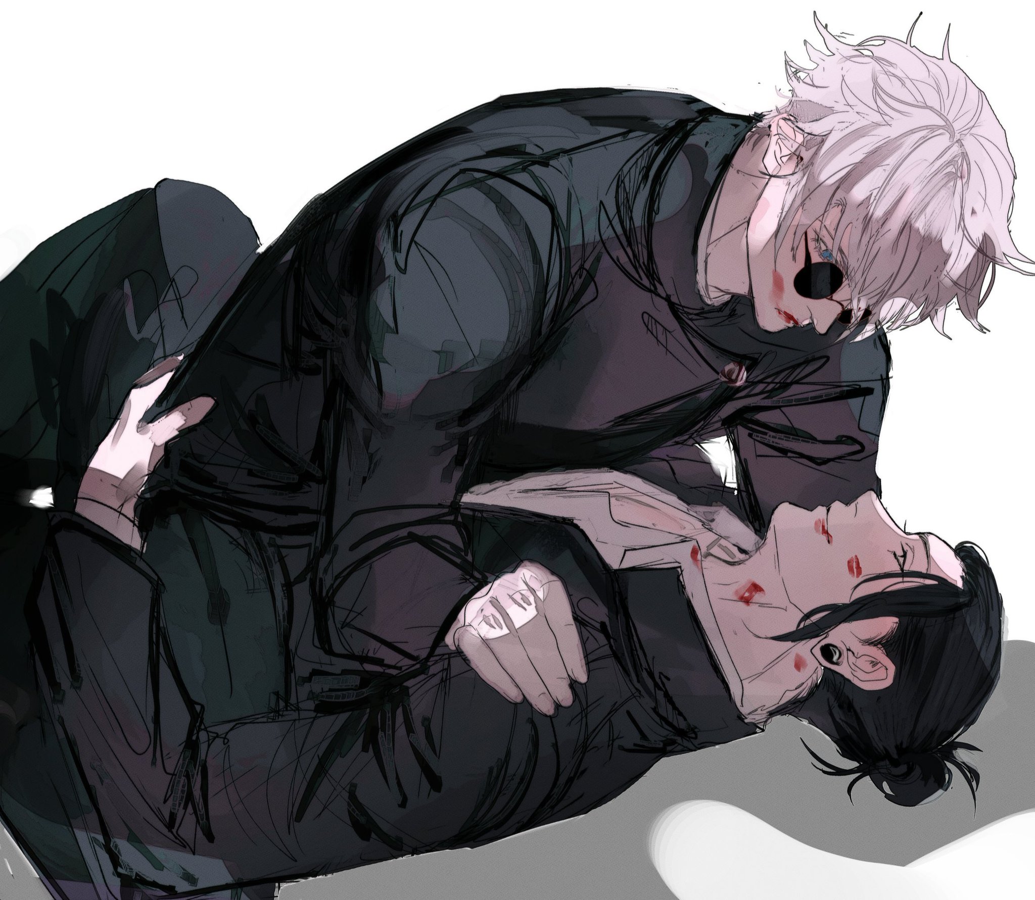 the image depicts a dramatic scene between two young men.  the one with white hair is holding the other, who is lying on the ground and has blood on his face and neck. the man with white hair is leaning in for a kiss, with sunglasses on his face. the scene is painted in a dark, moody style and the characters' expressions are intense. the image is filled with emotion and drama, and it suggests a complex and passionate relationship between the two men.
