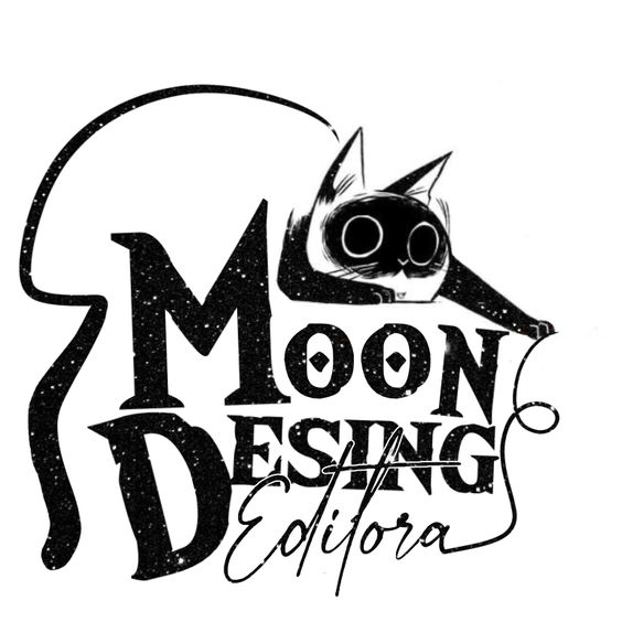 a black and white logo of a cat reaching from behind the moon with the text "moon dusting editora" below.