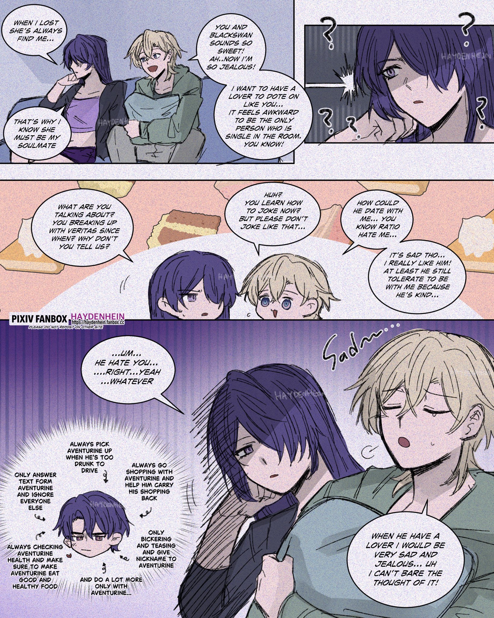 the comic panel shows a conversation between two anime characters, aventurine and veritas. aventurine is in love with black swan, but black swan is in love with veritas. aventurine is sad and jealous because he knows that black swan will never be with him. the panel is filled with dialogue bubbles, showing the inner thoughts and feelings of the characters.  the comic is set in a modern world, and the characters are dressed in casual clothes. the art style is clean and detailed.