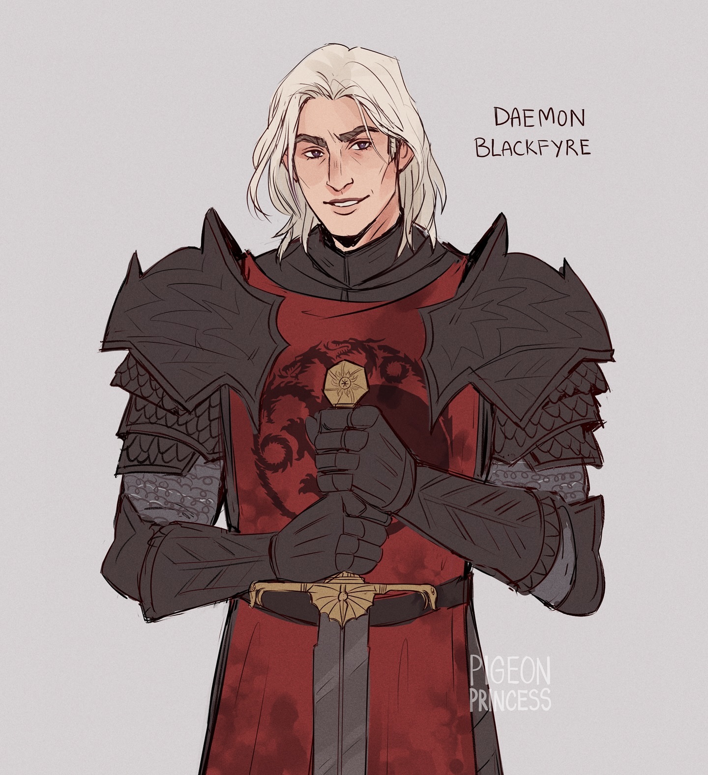 the image is a digital fan art illustration of daemon blackfyre, a character from george r.r. martin's a song of ice and fire series.  the portrait depicts him in a closeup view from the chest up. he is a young, fairskinned man with long, white hair, wearing a darkcolored, intricately detailed suit of armor over a red surcoat that features a stylized dragon emblem. he holds a sword before him, his hands gloved in dark material. the style is reminiscent of character designs from the game of thrones television adaptation.  in the upper right corner, his name, "daemon blackfyre," is written. a watermark, "pigeon princess," is visible in the lower right. the background is a plain, light gray. the overall style is smooth and slightly painterly.