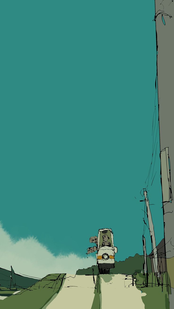 a minimalist, cartoonstyle drawing of a white and yellow bus driving down a narrow road surrounded by green fields. there is a bright blue sky above with one large, fluffy white cloud. there are trees and what appears to be a small building on the right side of the image and a telephone pole runs alongside the road.  the bus is drawn in a simple, geometric style. the image has a peaceful, idyllic feel.
