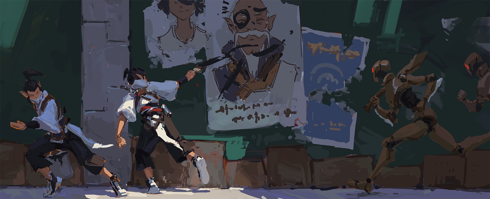 a dynamic digital painting depicting a scene of action and conflict in a city setting. two humanlike characters, possibly inspired by anime or manga aesthetics, are engaged in combat, one wielding a sword.  they are positioned against a wall adorned with posters and graffiti.  two robotic figures, reminiscent of mecha designs, are also involved in the scene, adding a science fiction element. the style is loose and expressive, with visible brushstrokes and a focus on movement and energy. the overall color palette is vibrant and the scene is dramatic.