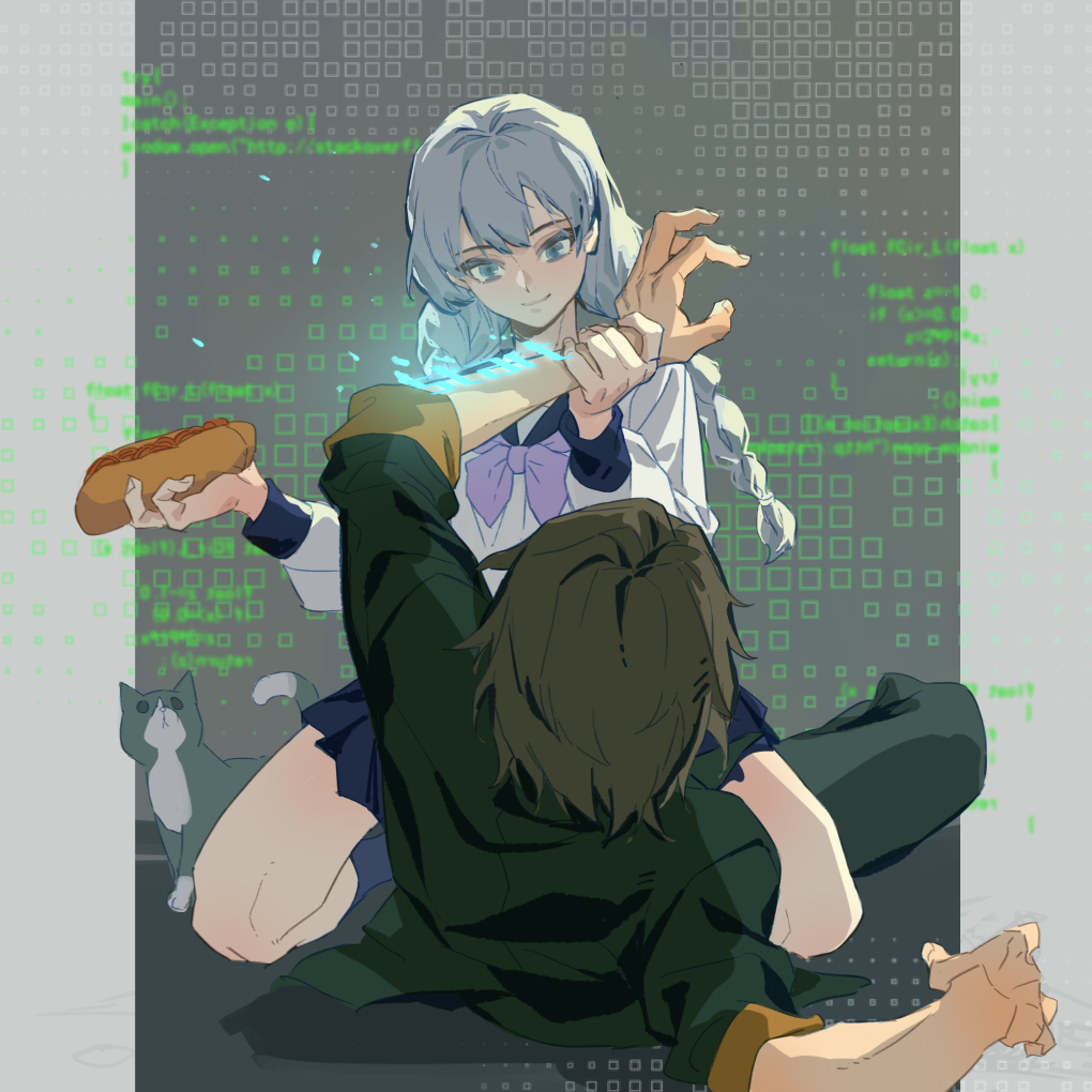 the image shows an anime girl with blue hair and a boy with brown hair. the girl is holding a hotdog and the boy is holding her. the girl is wearing a black and white dress with a purple ribbon, and the boy is wearing a black and green shirt with a brown belt. they are both smiling and looking happy. a cat is sitting next to the girl, and the background is pixelated and green.