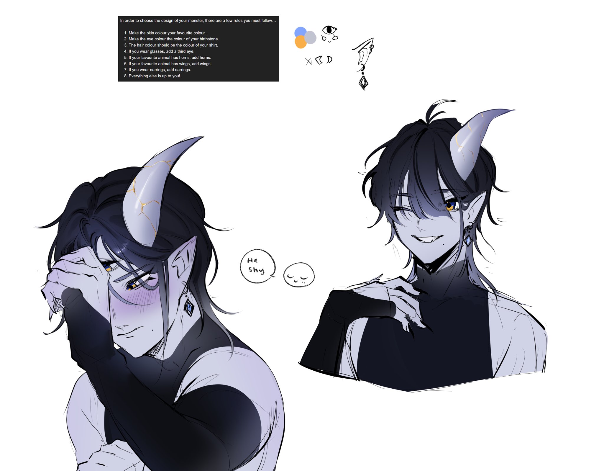 this is a digital illustration of an anime demon.  he is a boy with black hair, a black shirt, blue skin, horns, ears, and a third eye.  the demon is blushing and shy, looking at the viewer. he is surrounded by a cute cloud with the words "he shy" in a speech bubble.
