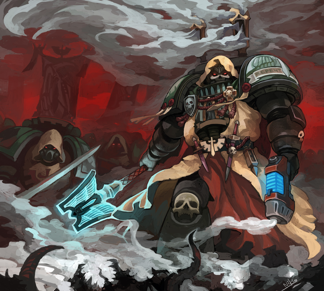 an image of a space marine from the warhammer 40k universe. he is clad in black power armor and is holding a large axe. the image is set in a fiery and smokey battle scene. there are other space marines visible in the background, and the scene is full of action and intensity. the art style is digital painting.