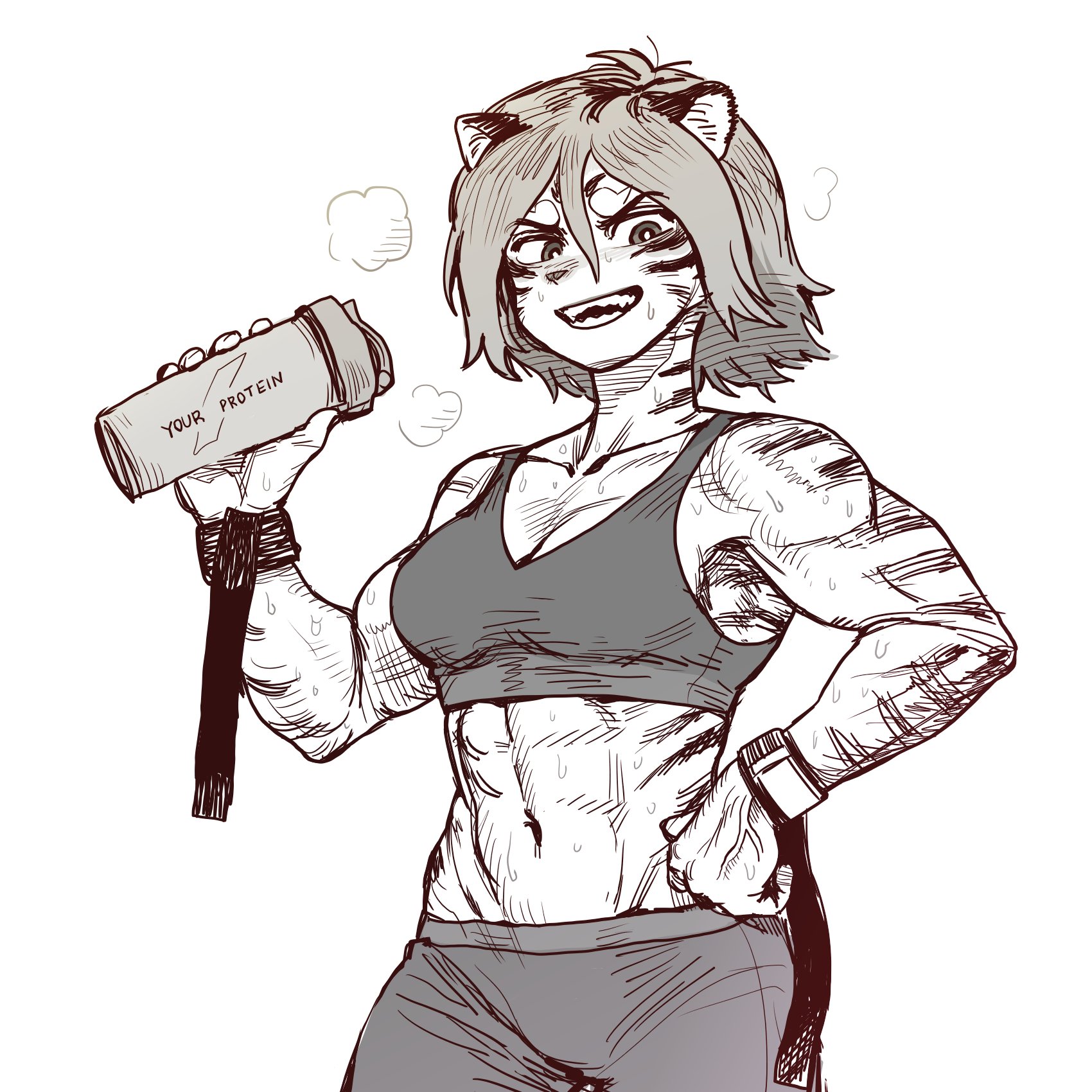 a woman with catlike features, clad in a sports bra and leggings, is holding a protein shaker in her left hand. her muscles are defined and she is sweating, indicating she has been working out. her expression is one of happiness and determination, and she appears to be proud of her strength. she is drawn in a cartoonish style with black and white line art, creating a dynamic and energetic image.