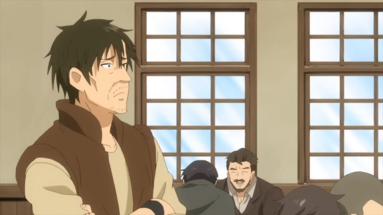 a man with brown hair and a brown vest is in focus in the foreground, looking to his right with his arms crossed. he appears to be listening to someone offscreen. in the background are four other people, some of whom are also out of focus, who are seated in the tavern setting.  there are large windows behind them, hinting at a daytime setting outside. the overall color palette is warm and inviting.
