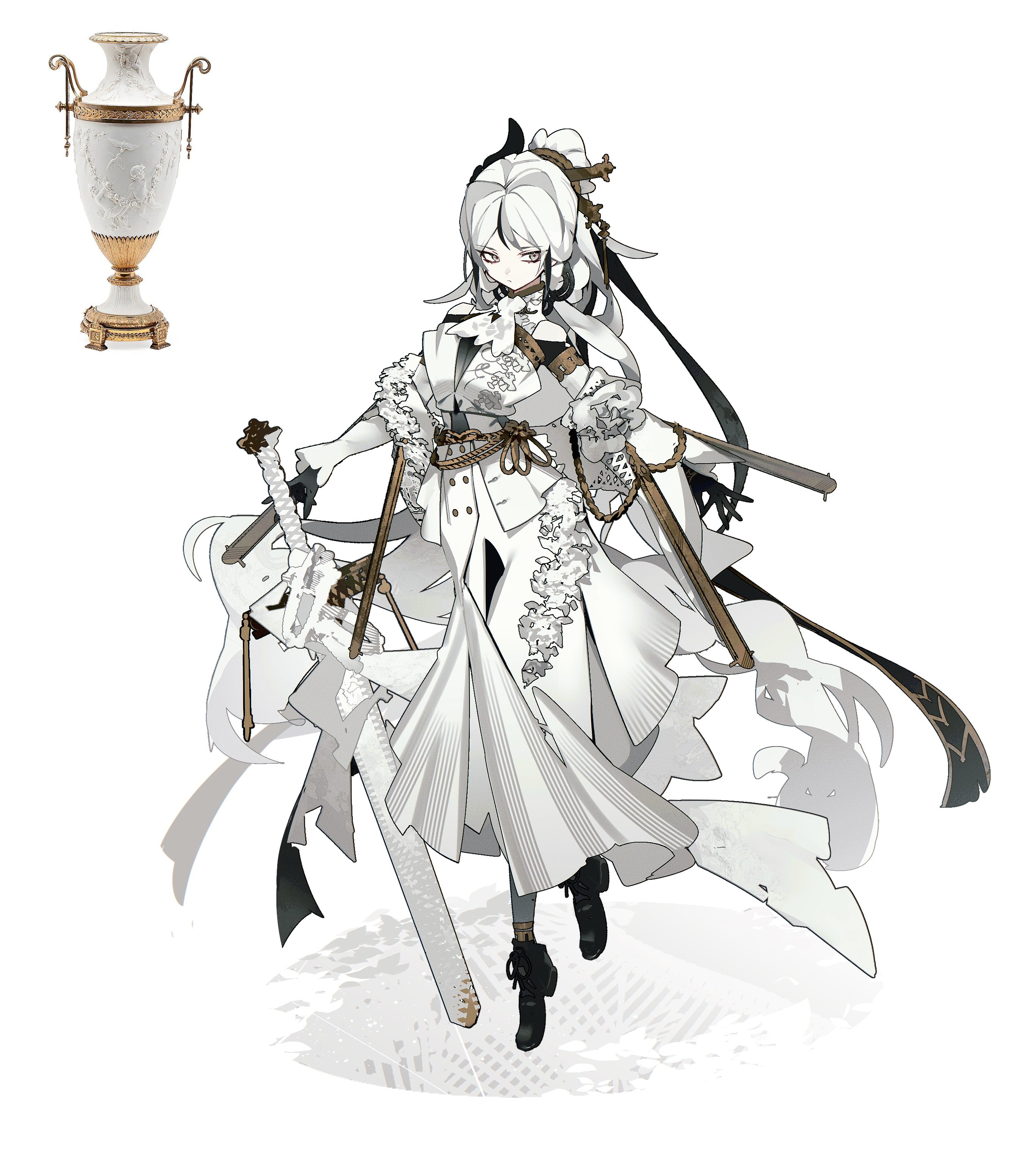 a female character with long white hair, wearing an elegant white and gold dress, is striking a dynamic pose with a sword. she has multiple swords surrounding her, giving the impression of agility and power. her clothing is adorned with intricate details, including ribbons and gold embellishments.  the art style appears to be inspired by anime and fantasy. the background is predominantly white with subtle patterns. a separate, small image shows an ornate white and gold vase.