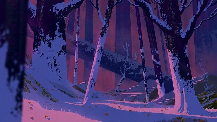 he image is a stylized digital painting or illustration of a winter forest scene. the color palette is dominated by shades of purple, pink, and blue, creating a mystical and dreamlike atmosphere. the scene depicts several snowcovered trees, some slender and others thicker, with a large fallen log lying diagonally across the path. the snow is subtly rendered, adding texture to the ground and the lower parts of the tree trunks. the overall style is minimalist yet evocative, focusing on mood and atmosphere rather than realistic detail. the lighting suggests either twilight or dusk. tiny, almost indiscernible, reddishbrown spots might represent mushrooms or similar details scattered on the ground. the overall impression is one of quiet solitude and enchanting winter beauty.