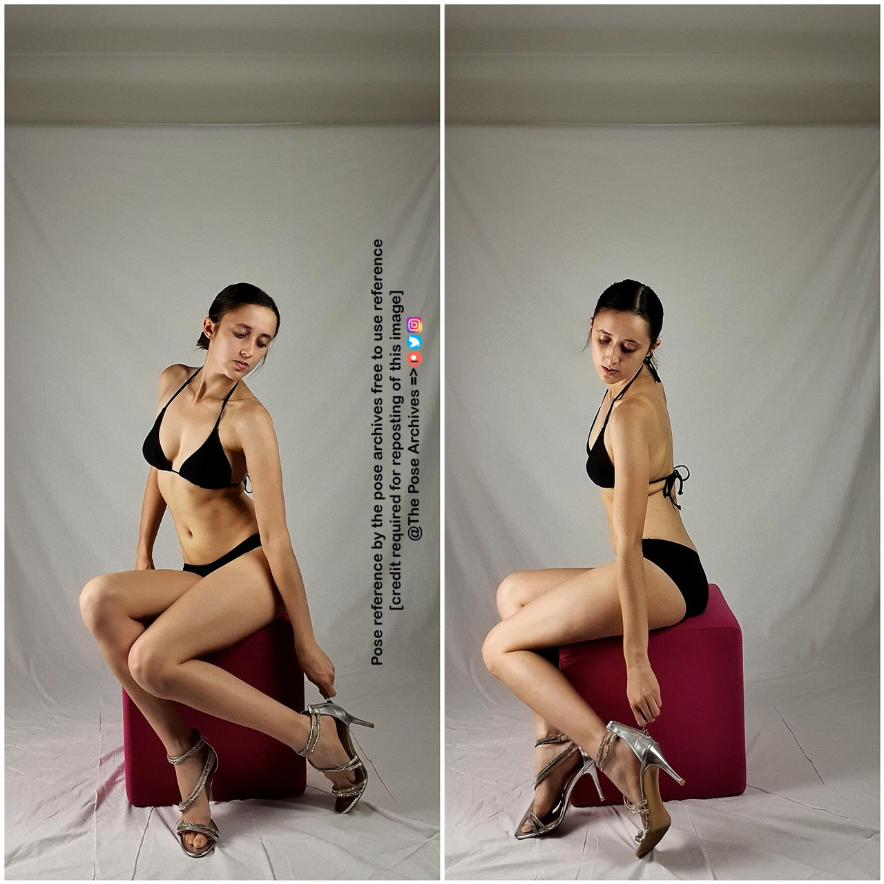 a woman in a black bikini and silver high heels poses on a pink cube against a white backdrop. she is captured in two slightly different poses, showcasing the same outfit and overall posture. ```